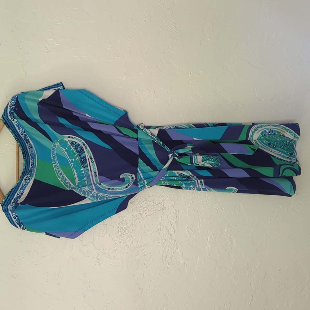 Jennifer Lopez Multi-Color Belted Short Blue and Green Tropical Dress Size Large